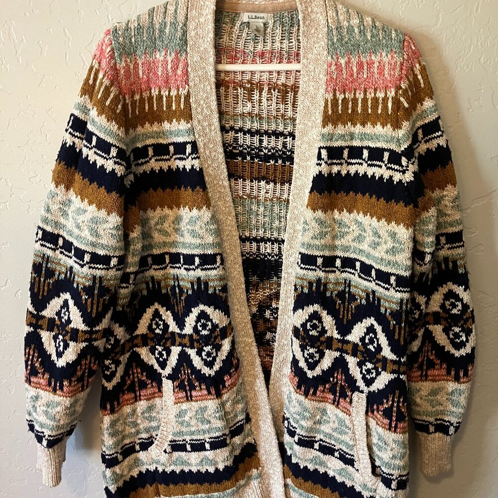 L.L. Bean Women's Cotton Ragg Sweater, Open Cardigan Fair Isle. Size Large
